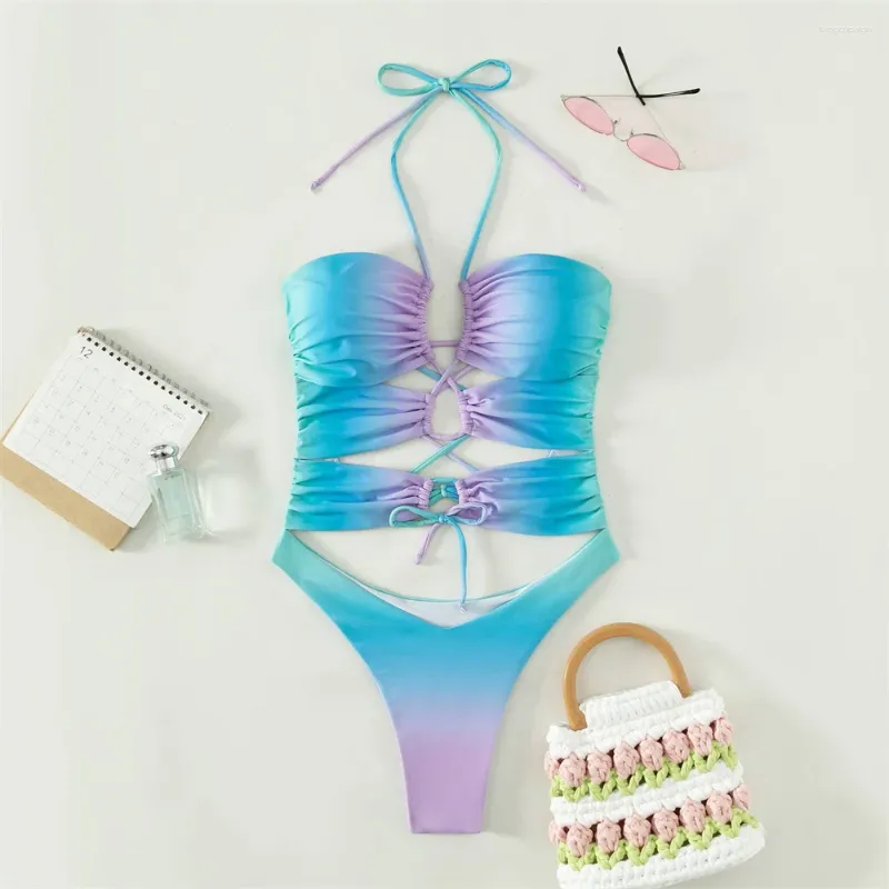 Damskie stroje kąpielowe gradient sznurka stroju kąpielowego wycięcie seksownego krzyżowego bandaża Backless Bikini Monokini Women Vacation Y2K Beach Bathing Suit