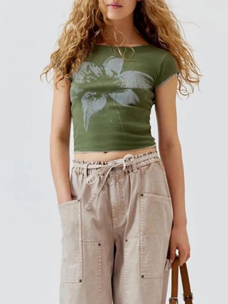 Czołgi damskie kobiety estetyczne kwiat plonowy top crewneck crewneck kwiatowe koszulki graficzne 90S E-dziewczęta szczupłe wyposażone koszule streetwear