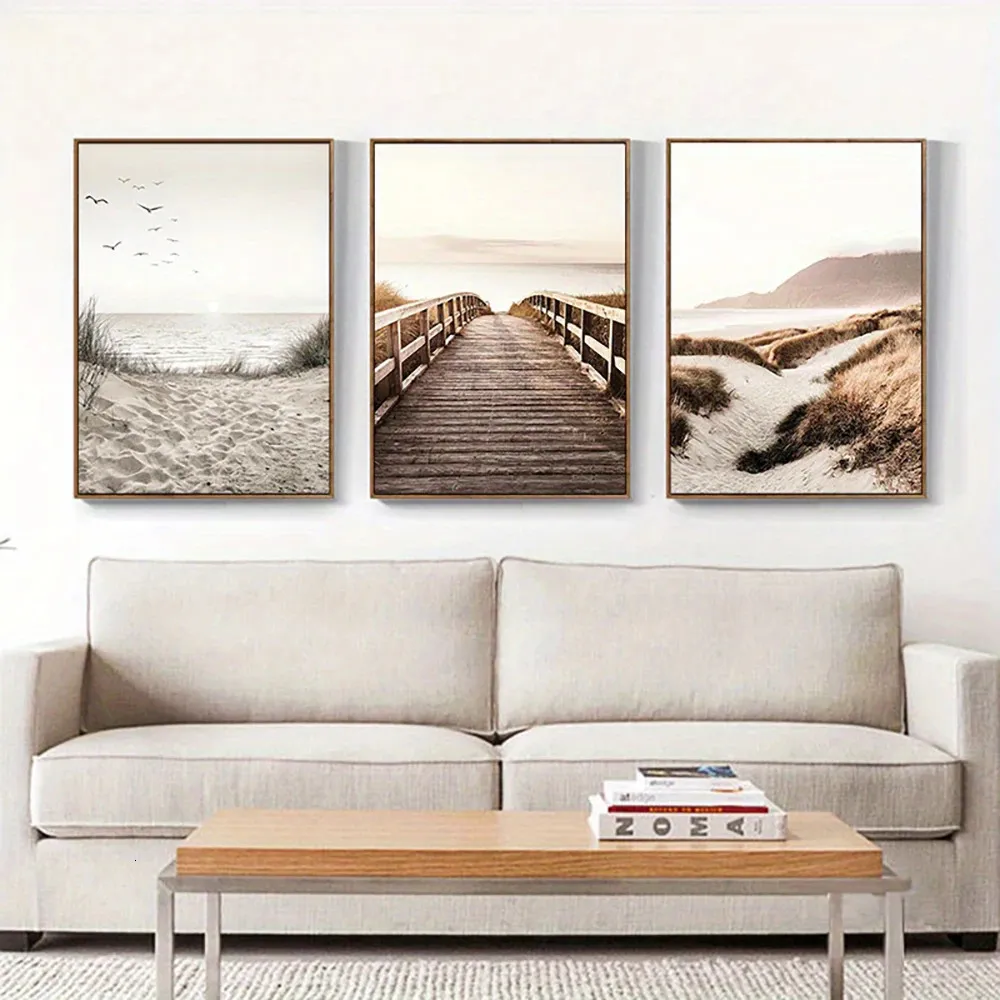 3 st ramlöst natur Seascape canvas målar gräs bro strand solnedgång väggkonst affisch modern nordisk printsspicture heminredning 240425