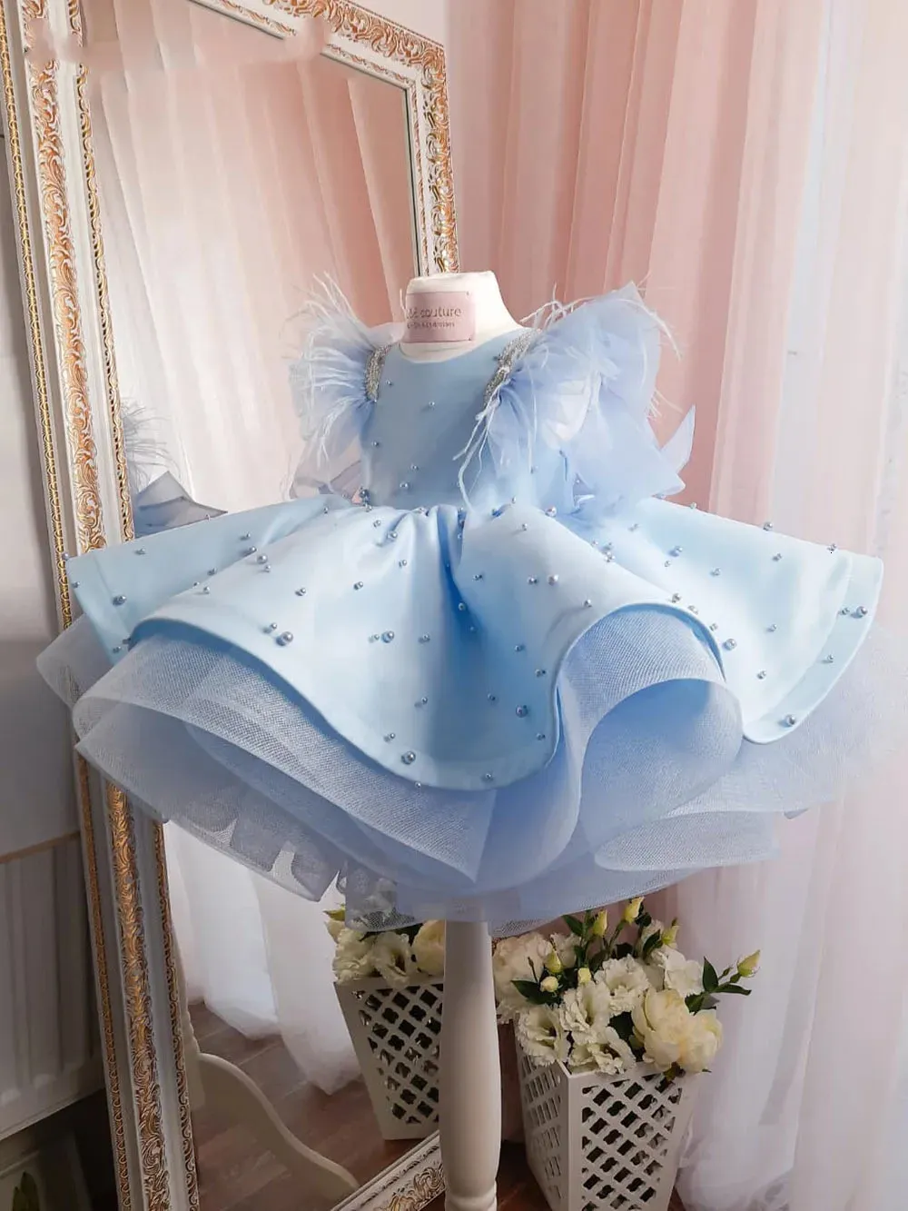 Princess Feather Flower Girl Dresses Beaded Ruffles Jewel Neck Gilrs Pageant Dress Little Kids First Communion 240428