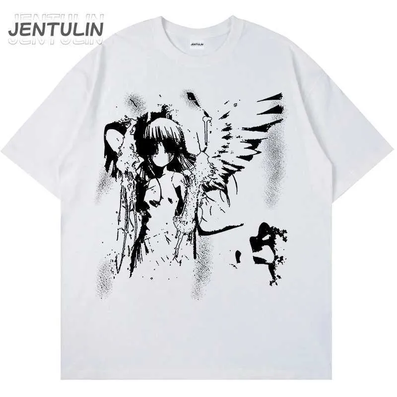 Мужские футболки Harajuku Gothic Mens японская аниме-футболка Cartoon Angel Wings Графическая футболка 2024 Модная одежда хлопка y2k Top Street Forting футболка футболка2403