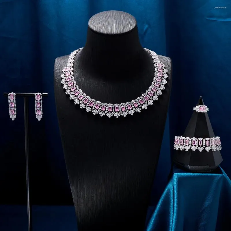 Brincos de colar Definir Tirim Luxury Pink Color para mulheres Cubic Zircon Jóias de jóias de festas de festas de festas Testes de jóias cheias de jóias