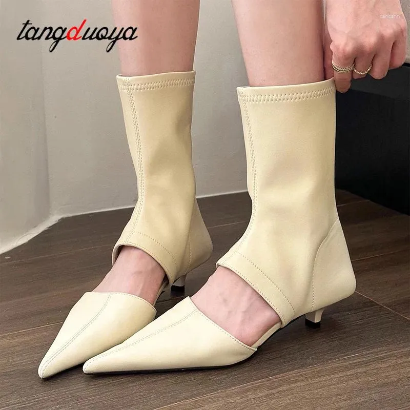 Dress Shoes Solid Color Patchwork Leather Women Thin High Heels Ankle Boots Pointy Toe Hollow Out Short Pumps