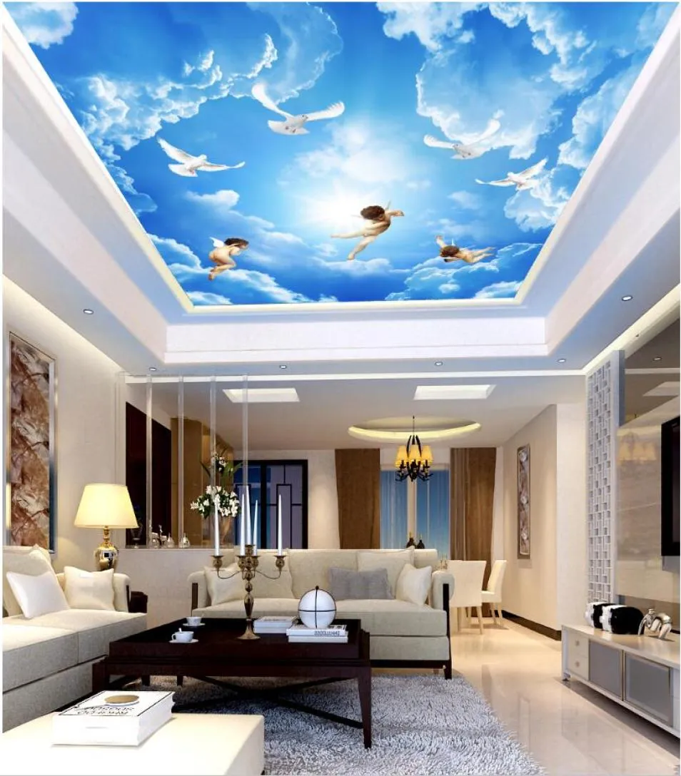 WDBH 3D Teto Mural Papel de parede personalizado Po anjos azul céu nuvens brancas da sala de estar decoração de casa 3d Murais de parede papel de parede para parede1827972