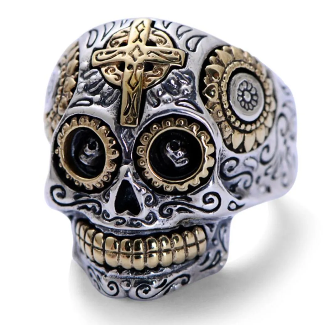 Real Solid 925 Silver Silver Skull Sings for Men Retro Pure Gold Color Cross and Sun Fower Gravé Vintage Punk Jewelry C1812285937328