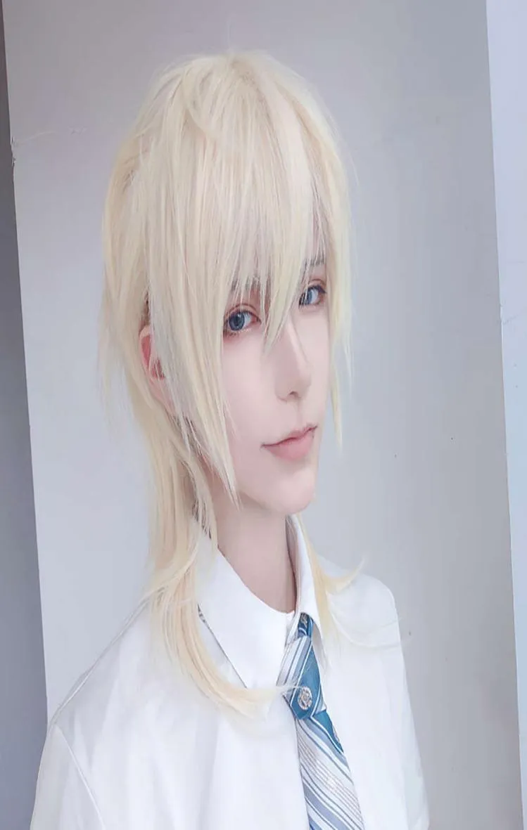 Peruker meifan kort cosplay lolita anime pruik manlig stil hår hög temperatur fiber syntetisk lång häststjärna ljus blond beskär fo8160979