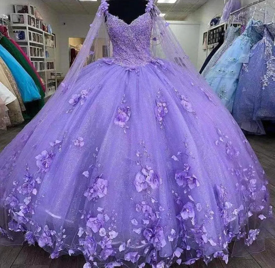 Glitter Purple Quinceanera Robes Spaghetti Strap With Wrap Sweet 15 Robes 2022 Vestidos de perles de fleurs 3D 16 Prom Party Wears BC1307151914