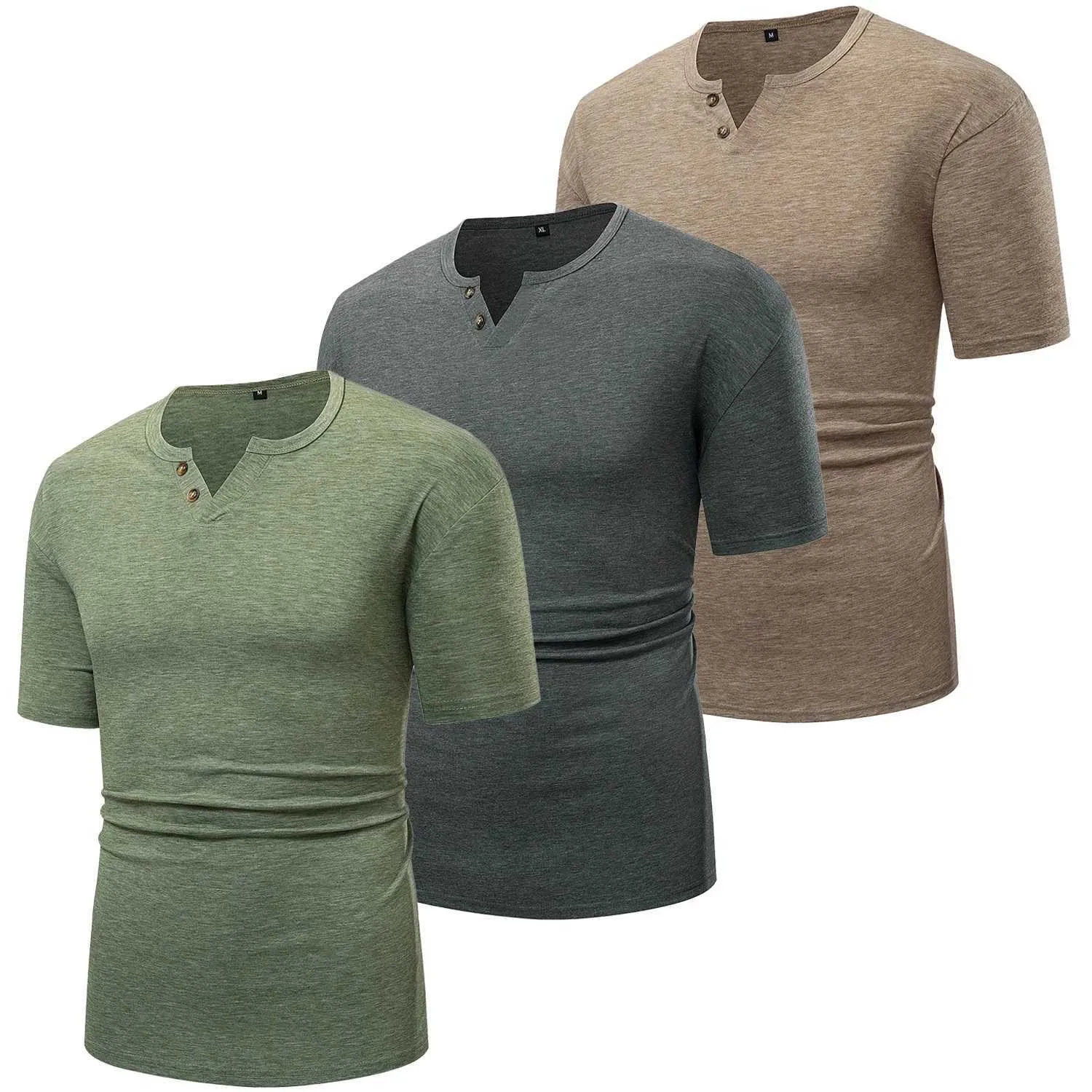 T-shirts masculins 2024 Été Nouveau homme à manches courtes solides Henry Shirt Casual 100% Polyester V-Neck Solid Mens T-shirt TOPL2403