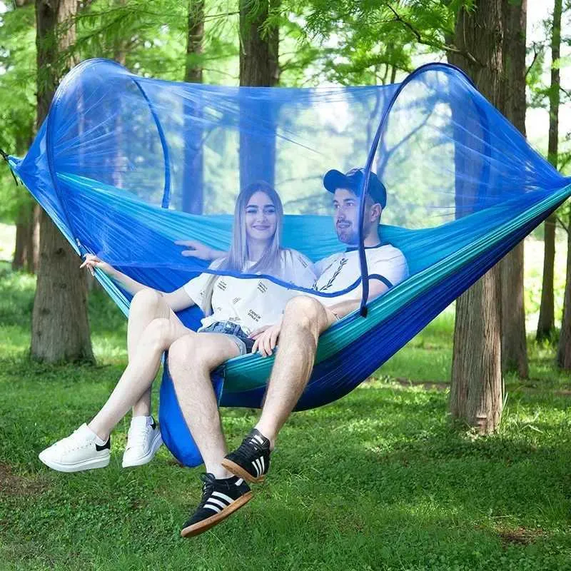 Hängmattor Portable Camping Hammock med Mosquito Net Pop-Up Outdoor Anti-Rip Nylon Swing Hammock Chair Soving Hammock Camping Saker