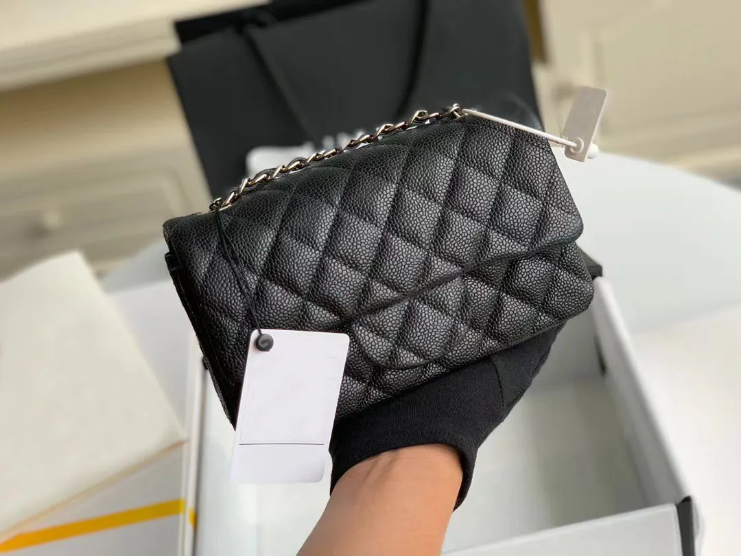 10A Top Luxury Designer schoudertas 20 cm mini vierkante klep zak spiegelkwaliteit vrouwen echte lederen kaviaar lamsvil gewatteerde klassieke portemonnee gouden kettingband