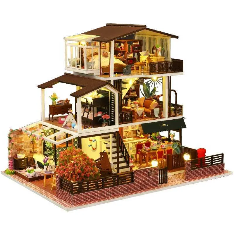 Akcesoria dla lalek DIY Drewen romantyczny dom lalki ręcznie robił montaż europejski Mini House Model Decorationl2405