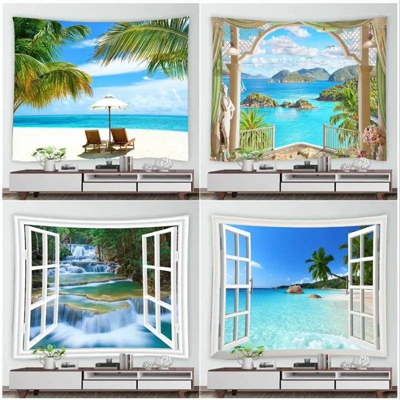 Gobeliny tropikalne na plaży Ocean Palm drzewa krajobraz gobelrz leśny wodospad naturalny sceneria wisząca salon dekoracje domu ogrodowe