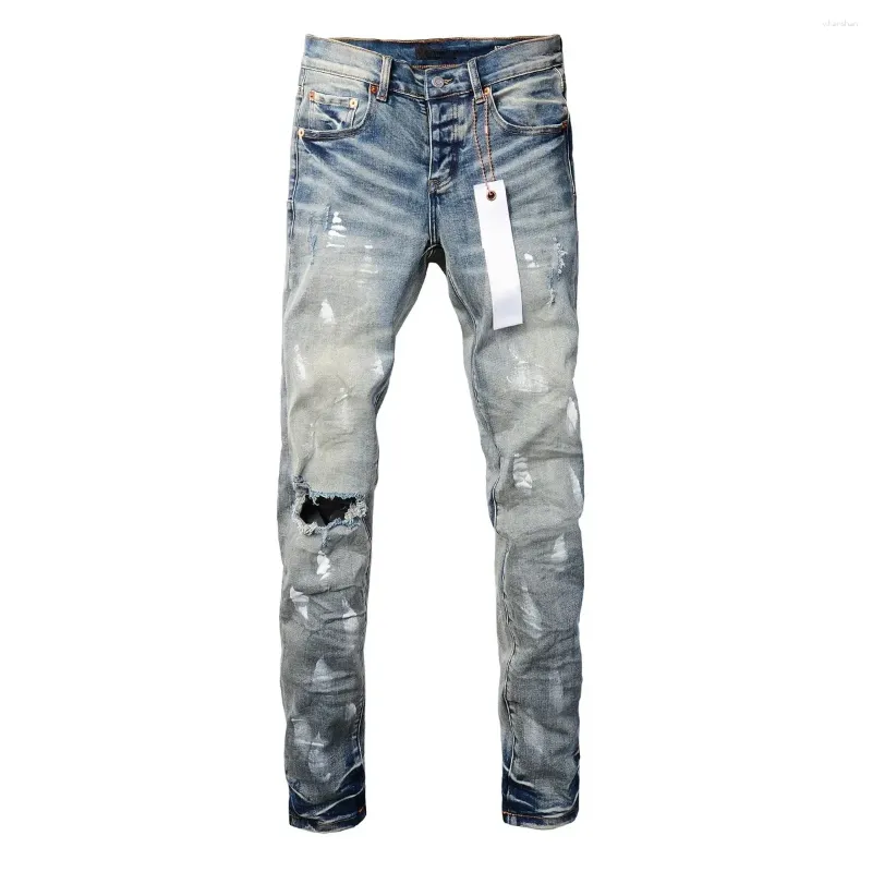 Calça feminina jeans de marca roxa roca com buracos de pintura de rua e azul solo de moda branca reparo baixo denim skinny