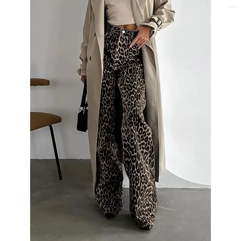 Calça feminina 2024 Mulheres estampas de leopardo Material de algodão causal Canda alta perna larga calças de perna larga