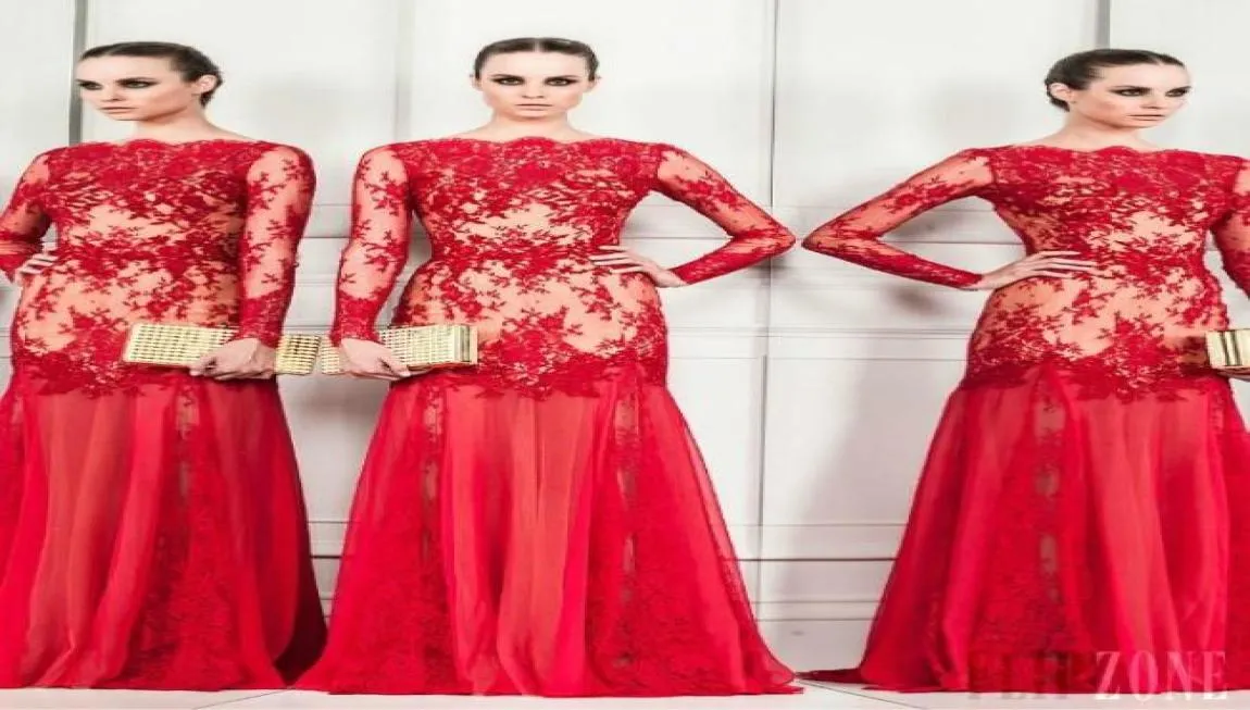 Zuhair Murad 2016 Avondjurken Bateau Red Mermaid Transparant Lace Long Sleeve Party Pageant -jurken Vloer Lengte Tule Ruffle 7543140