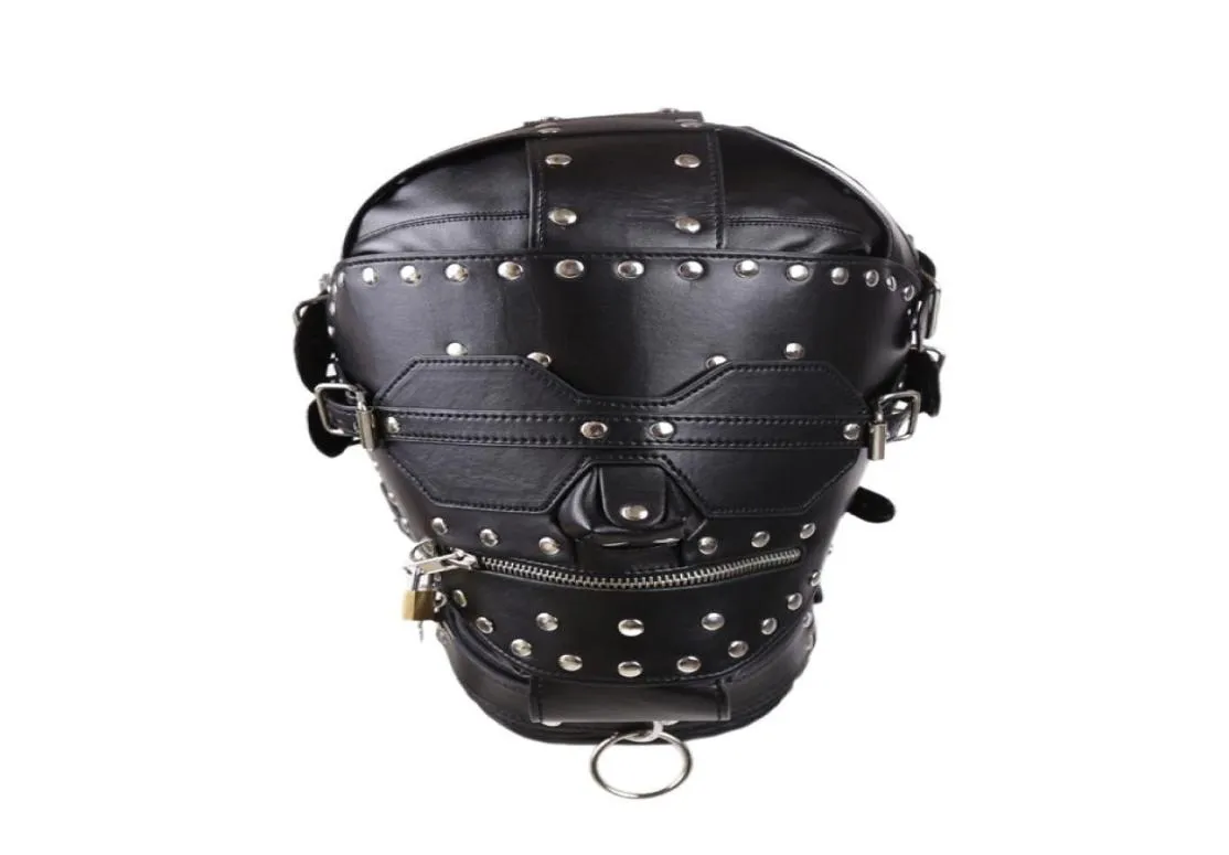 Bondage Leather Hood for Adults Play Games Full Masks Fetish for Sex Locking Blindfold Bondage Tools7373381