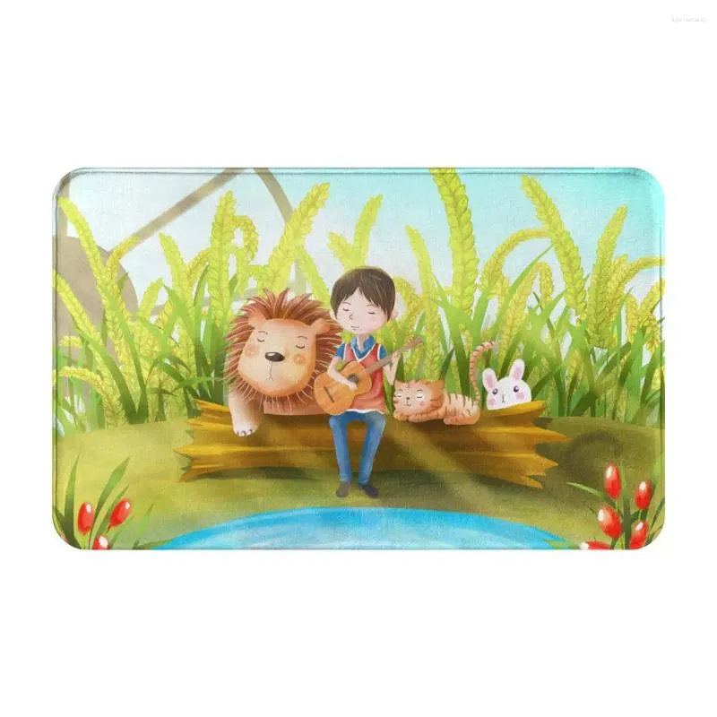 Carpets Lion et garçon mignon de dessin animé paillasson tapis de tapis tapis de tapis de tapis bas de bain polyester absorbant balcon toilettes lavables à l'huile d'eau