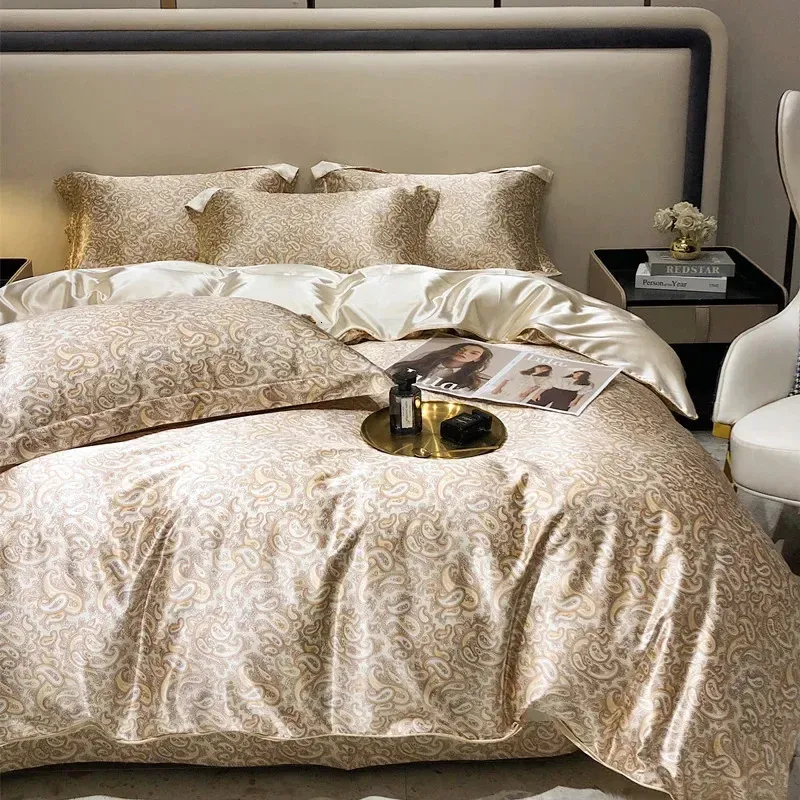 Florals Impresso Mulberry Blending Bedding Set Luxury Satin Duvet Capa com lençóis conjuntos lisos e lisos 240415