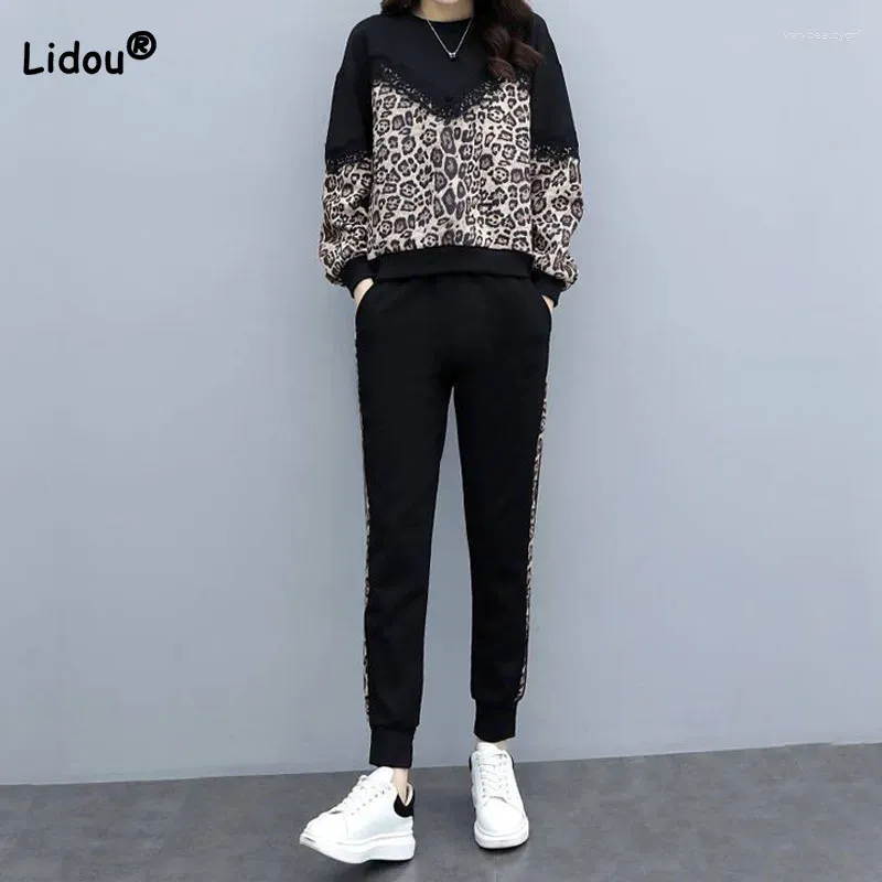 Pantalon de deux pièces pour femmes printemps automne, femelle décontractée Leopard à manches longues T-shirts 2024 Corée des vêtements de mode pantalon coréen tout-match