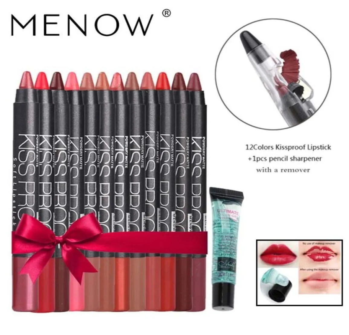 Menow Make Up Set 12 Colorpack Kiss Proof Waterproof Lipstick Gift 1pcs Pencil Sharpener och 1st Remover Gel Drop Ship 53661094148