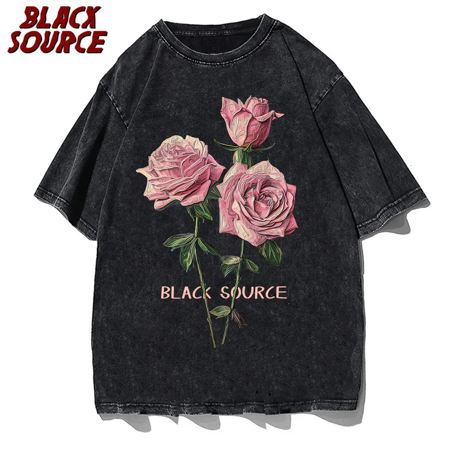 Hip Hop Mens Street Clothing T-shirt Vintage Wash Anime Graphic T-shirt Mens Harajuku Cotton Casual Short Sleeve Rose T-shirt 240426