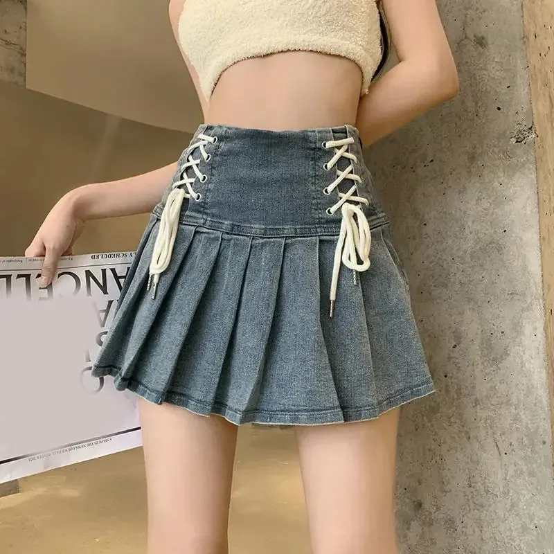 Zik hekiy dżinsowa spódnica koreańska mody bandaż w wysokiej talii A-line urocza seksowna ładunek Jean Mini Summer Y2K Girl 240424