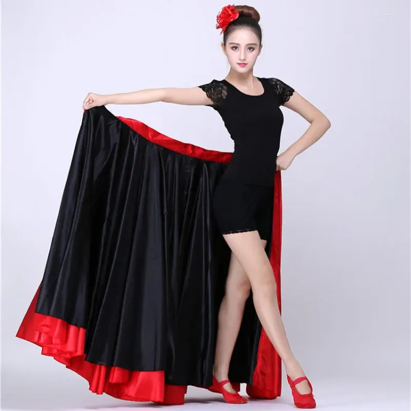 Stage Wear Lady 2 Sides Performance Dancing Cloth Women Red Black Hook Loop Spanish Flamenco Skirt Plus Size Female Girls Satin Dress 110cm
