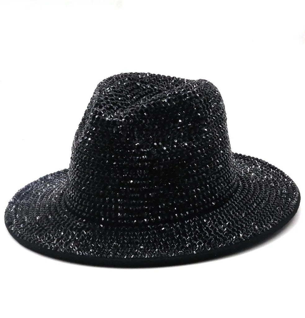Fedoras Diamond Felt Fedora Hat Bling Rhinestone Panama Wide Brim Jazz Hats for women men of ommen039s Men039s CAP MALE MAN WOM9237748