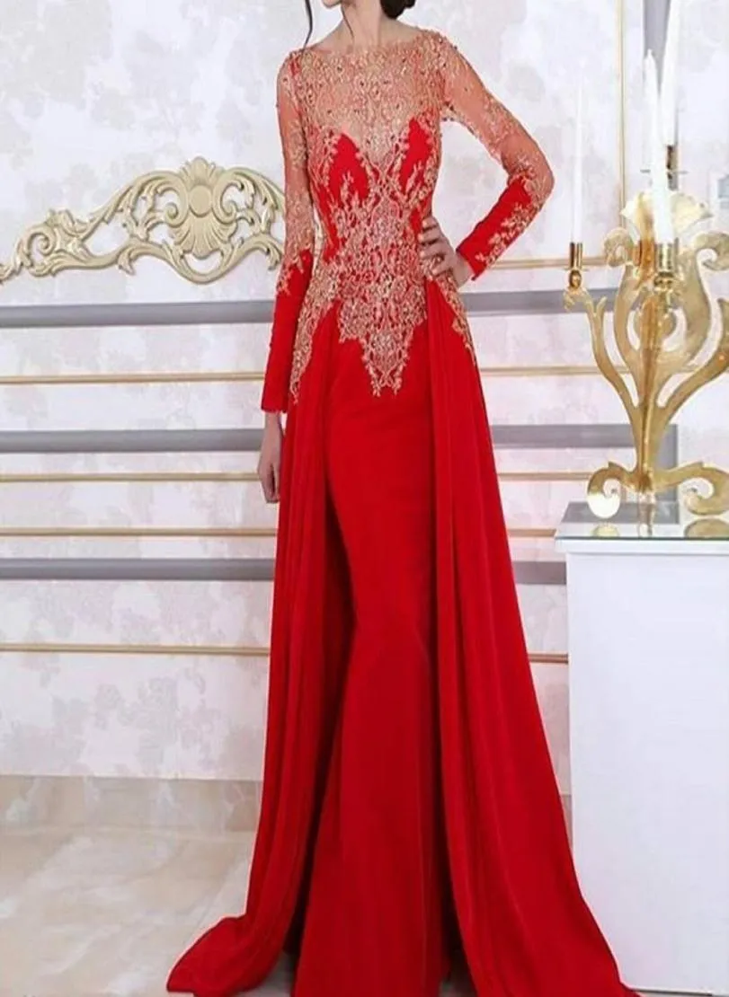 Red Saudi Arabic Mermaid Evening Dresses Bateau Neck Long Sleeves Appliques Lace Satin Over Skirt Dubai Vintage Prom Dresses Forma2508090