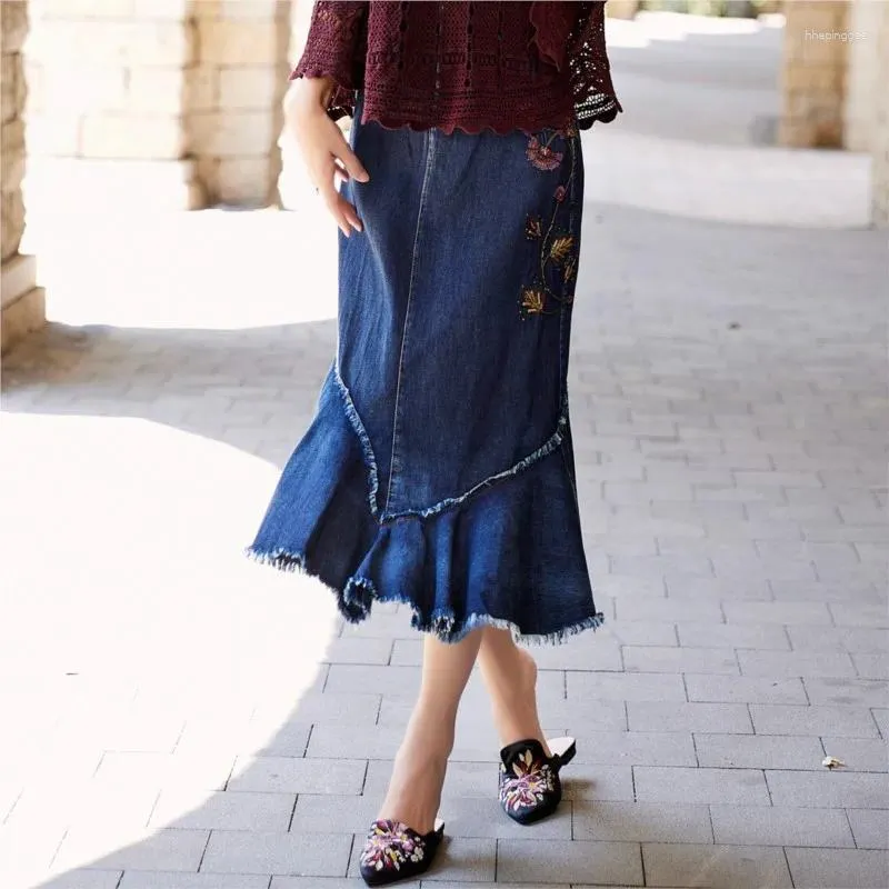 Skirts Johnature 2024 Summer Woman Fashion Solid Color Vintage Splicing Irregular Cowboy Skirt Embroidery Niche Design