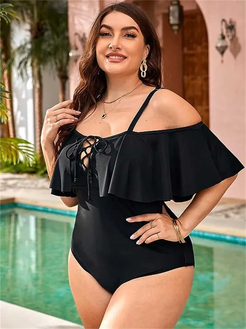 Moda de banho feminina 2024 plus size moda de banho de uma peça de um ombro sólido macacão de praia de praia sexy de babados sexy lace up alta cintura maiô 4xl