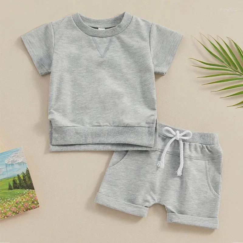 Conjuntos de ropa 0-36 Months Unisex Baby Summer Set de manga corta Copas de color sólido Copias Plegadas Padre Plegados Niños y niñas