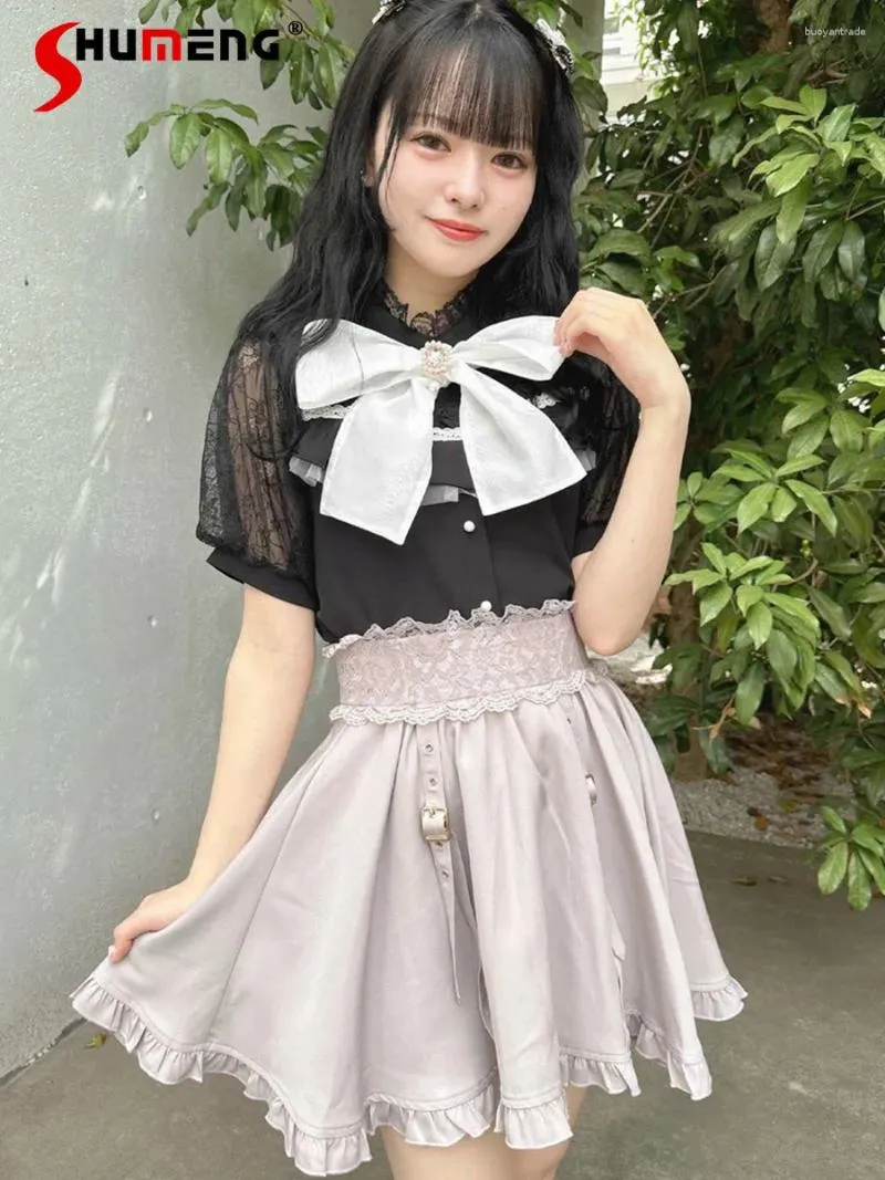 Röcke japanische Rojita Lolita Frauen Rock hohe Taille Spitze Dekoration Gürtel Rollen Ruffen schwarzer kurzer Sommer Preppy Style Mini