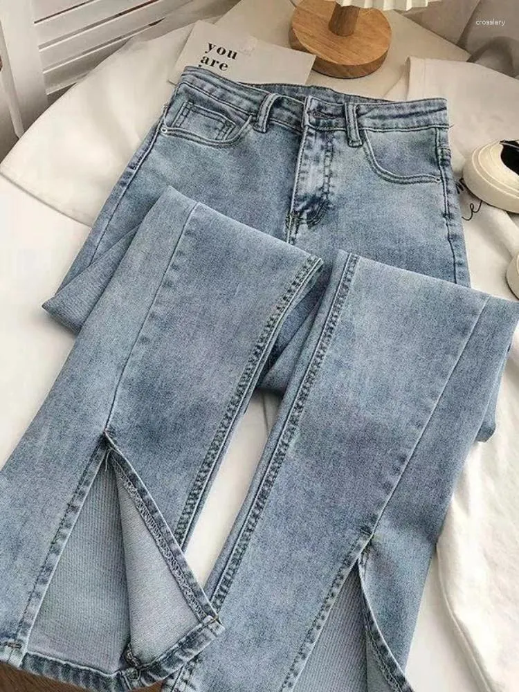 Women's Jeans 2024 Vintage High Waist Double Buckle Split Slim Elastic Denim Flare Women Micro Flared Wide Leg Woman Trousers