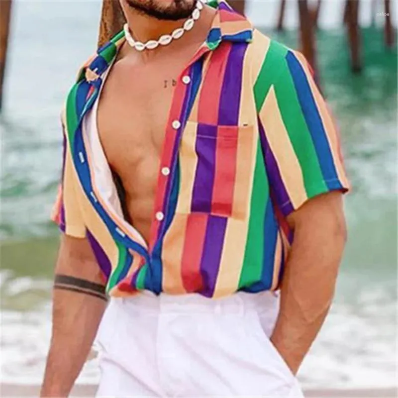 メンズカジュアルシャツ2024サマーメンズストライプの半袖緩んだビーチ男性トップバケーション服ハワイアンビーチウェア