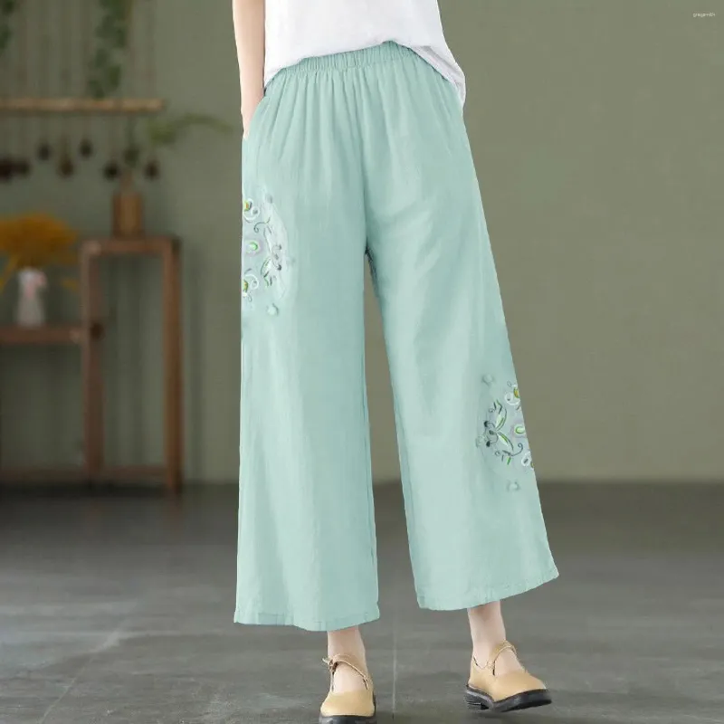 Calça feminina feminino bolsos laterais de moda chique solta perna larga vintage alta cintura elástica as calças femininas mujer