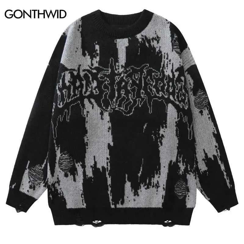 Herren-T-Shirts Hip Hop zerrissene Pullover Grunge Y2K Vintage gestrickt Punk Gothic Street Pullover Harajuku Fashion Pulloverl2403