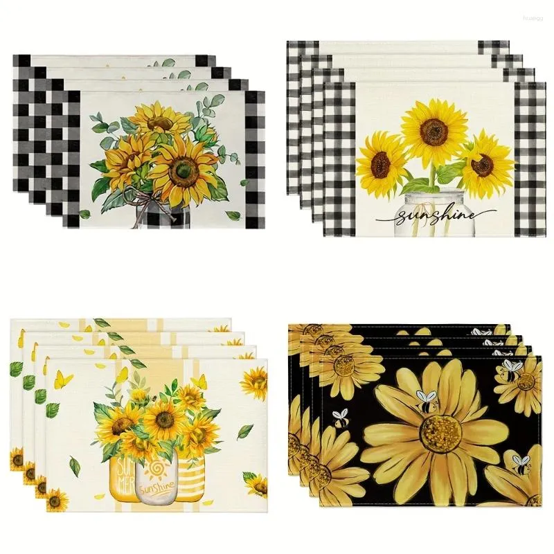 Table Mats 2pcs Bohemian Sunflower Bee Vase Linen Placemat Rustic Mat For Kitchen Dining Wedding Party Supplies Spring Seasonal Decor