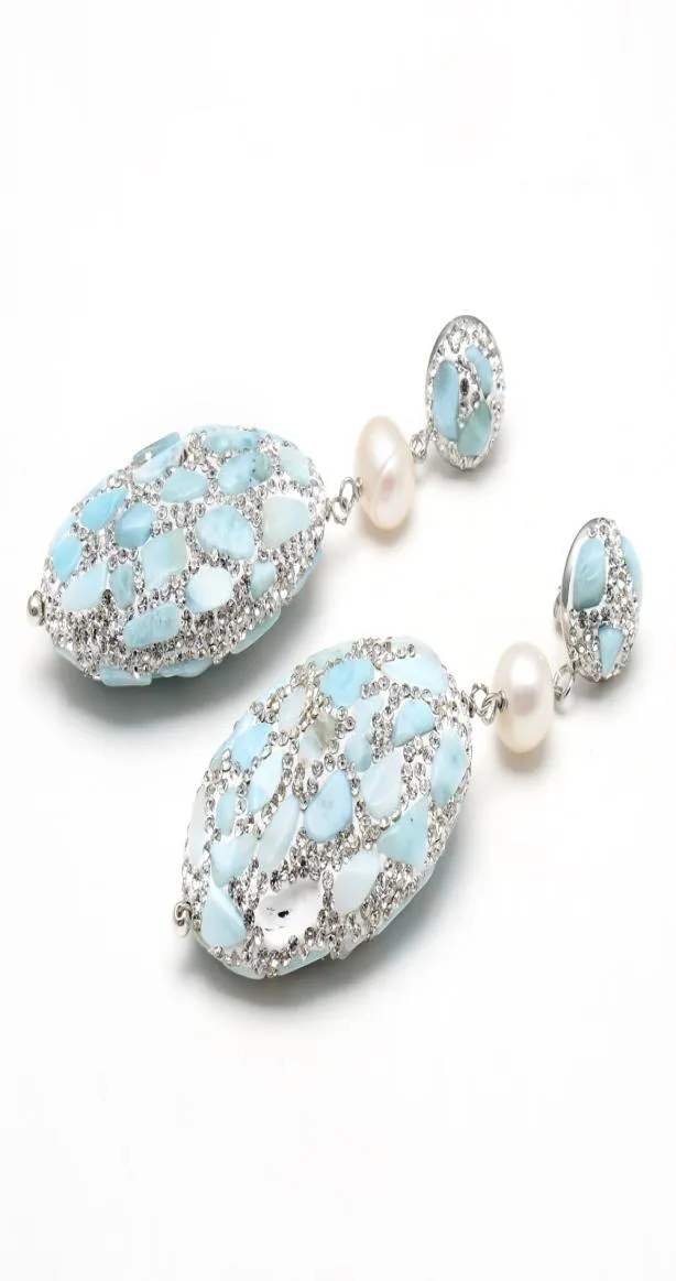 Gioielli Guaiguai Blu Natural Larimar Silver Colore Sinestone Pave Ovalo Culturato White Round Pearl Larimars Orecchini per Wome5165429