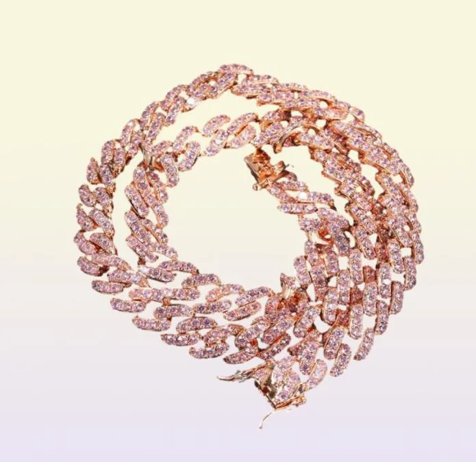 Uwin 9mm Iced Out Women Choker ketting Rose Gold Metal Cuban Link Vol met roze kubieke zirkonia Stones Chain Jewelry9458215