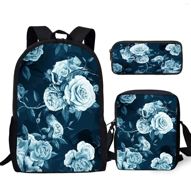 Ryggsäck Yikeluo White Peony Flower 3D Printing Youth Notebook Bag Studentbok med dragkedja Casual Messenger Pencil Case