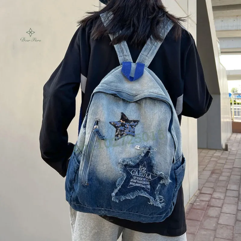 Y2K Korean Casual Denim sac à dos Modèle de mode Modèle de grande capacité Étudiant sac adolescents Bag de livre de voyage punk vintage 240426