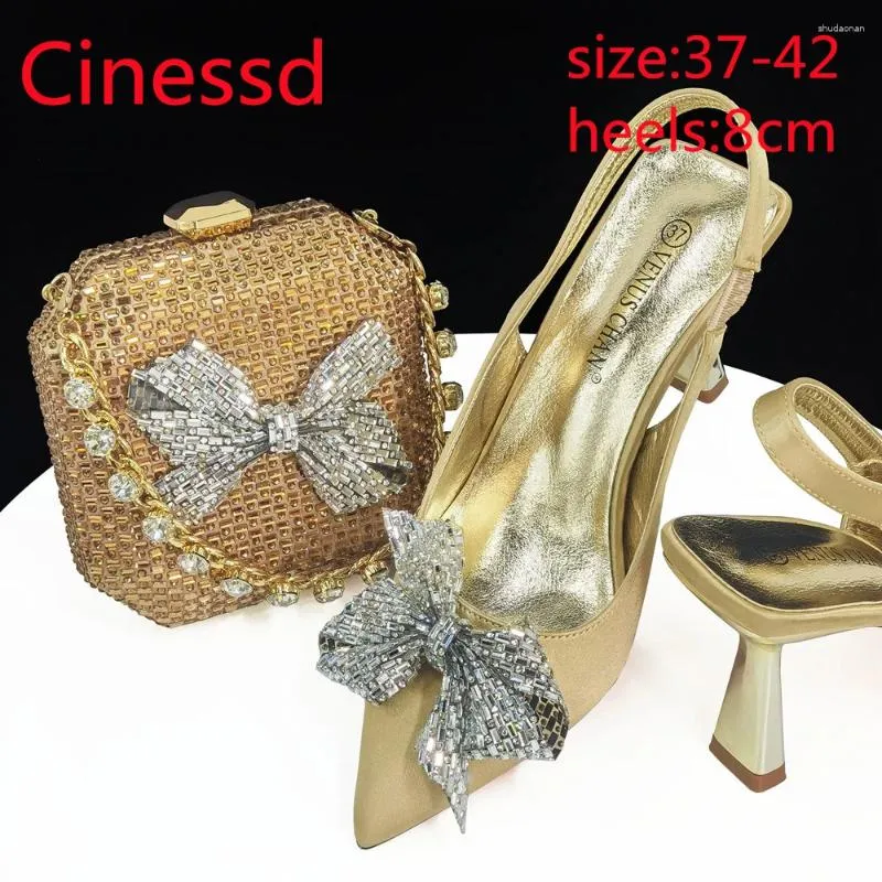 Dress Shoes High Quality Golden Color Fashionable Pointed Toe Heel Ladies Matching Bag Set For Nigerian Women Wedding Party