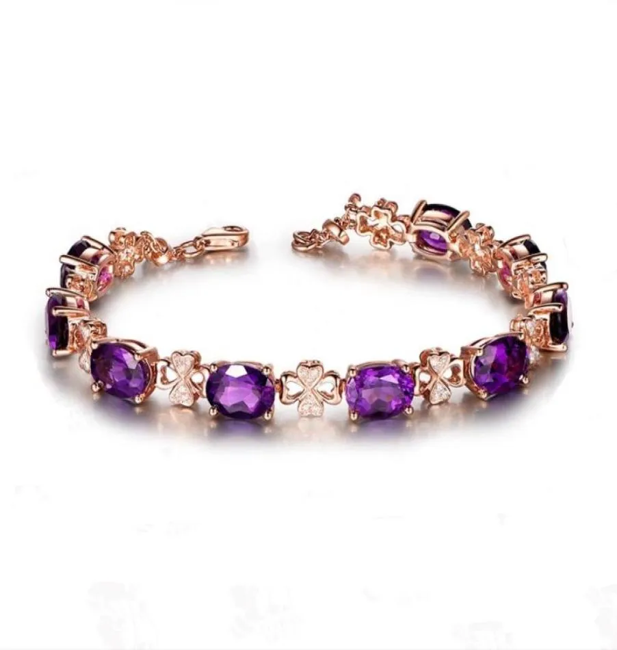 Luksusowy 18 -krotny złoty kolor naturalny fioletowy kryształ wysokiej jakości piękna bransoletka liść owalna cyrkon sześcienna dla kobiet biżuteria prezentowa Whole3135852