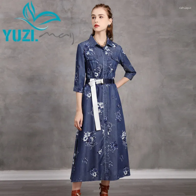 パーティードレスドレス女性2024年Yuzi.May Boho Denim Silk Sill Sillターンダウンカラー花柄の花柄AラインVestidos Femininos A82255