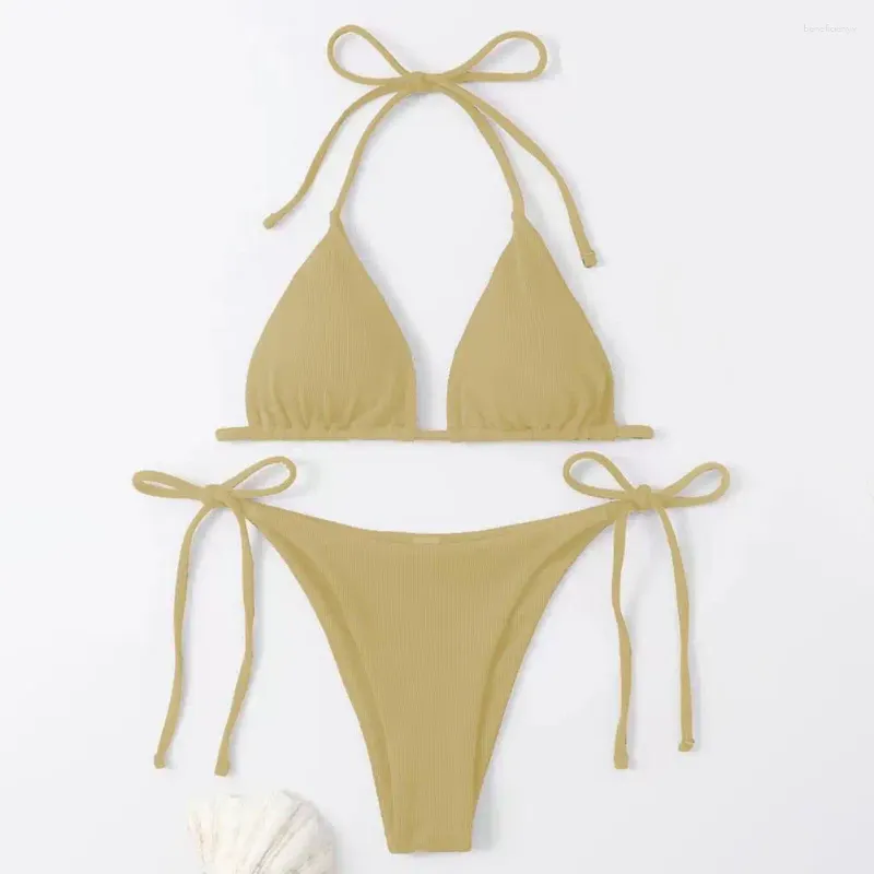 Frauen Badebekleidung Halterneck Schnürbikini Set Stylish mit Neckholder-Dreieck-Tasse BH Solid Color Badeanzug für Strandkleidung schnell