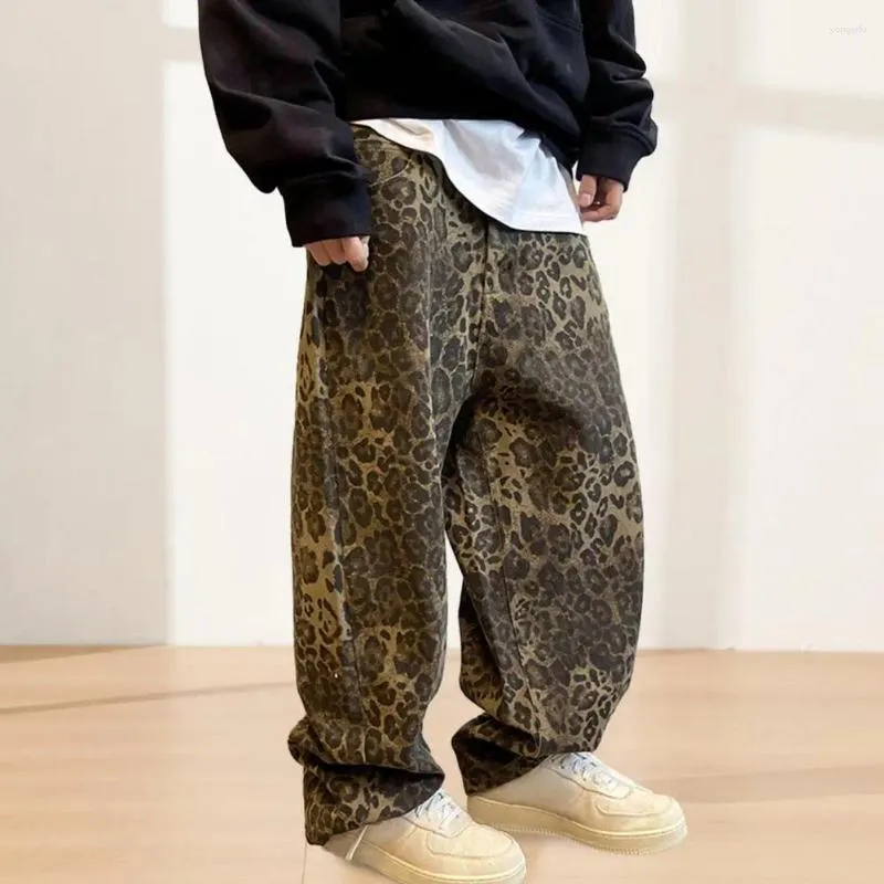 Pantaloni maschili in stile hip-hop retrò lavate in tela print leopardo con tasche traspirabili per uomini