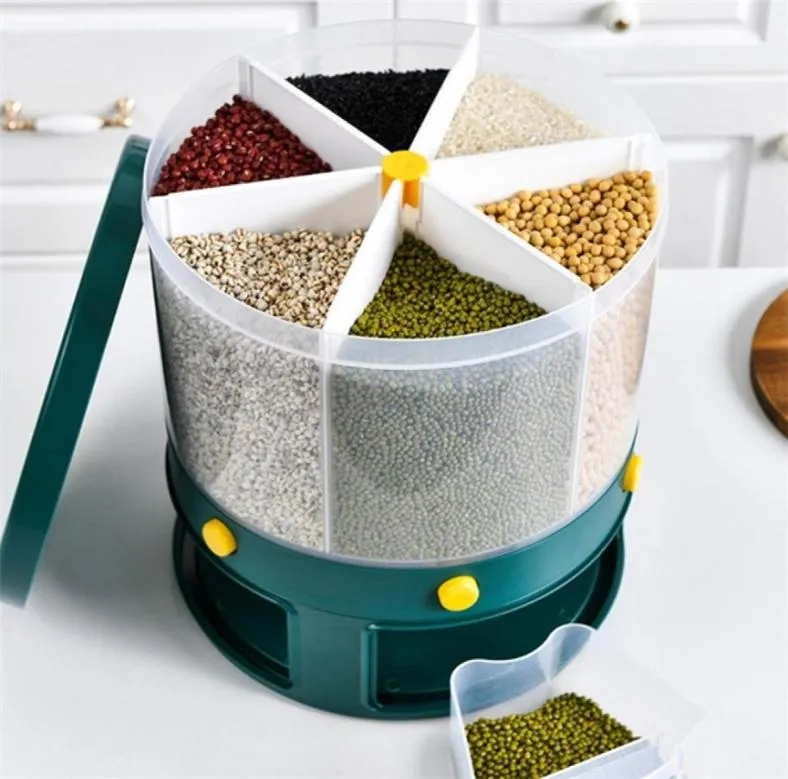 10 kg Küchen Lebensmittel Lagerbehälter rotierende Dosen für Schüttgutfeuchtigkeit Feuchtigkeit Insektenproof Getreide Organizer Box 6Grid Rice Eimer 221773387