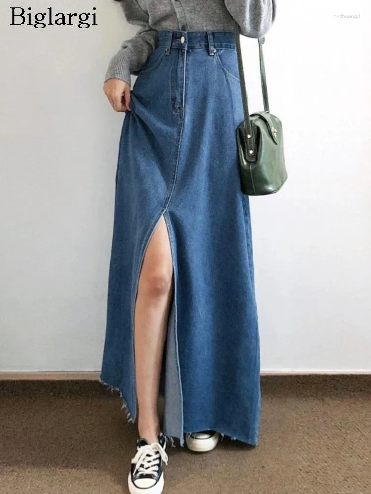 Rokken denim zomer lange split rok vrouwen hoge taille mode casual losse ruche geplooide dames Koreaanse stijl vrouw