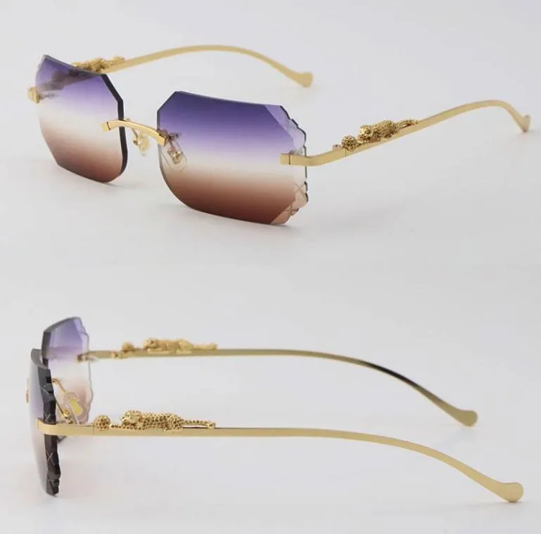 Whole Metal Leopard Series Diamond cut Lens Rimless Sunglasses Ornamental Glasses 18K Gold Brown Large Square Sun Glasses Man 2838303